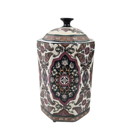 Hexagon Ceramic Canister Jar Floral Paisley Multicolor Lidded Kitchen Decor - Picture 1 of 10